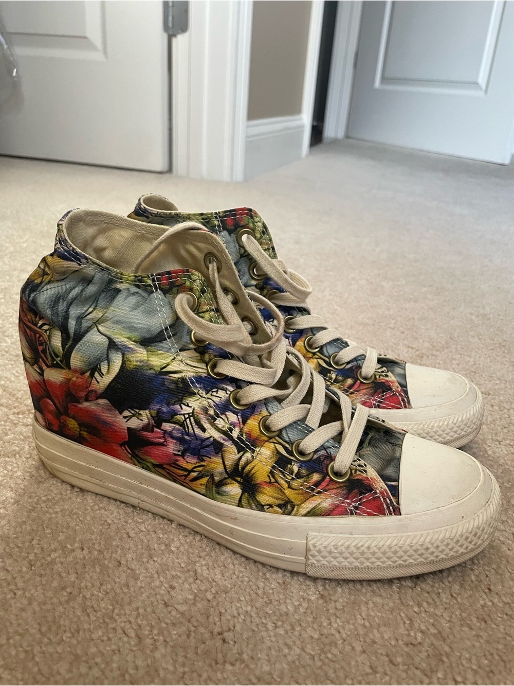 Converse Floral Hidden-Wedge High-Top Sneakers in Red, Yellow, Blue, Cream